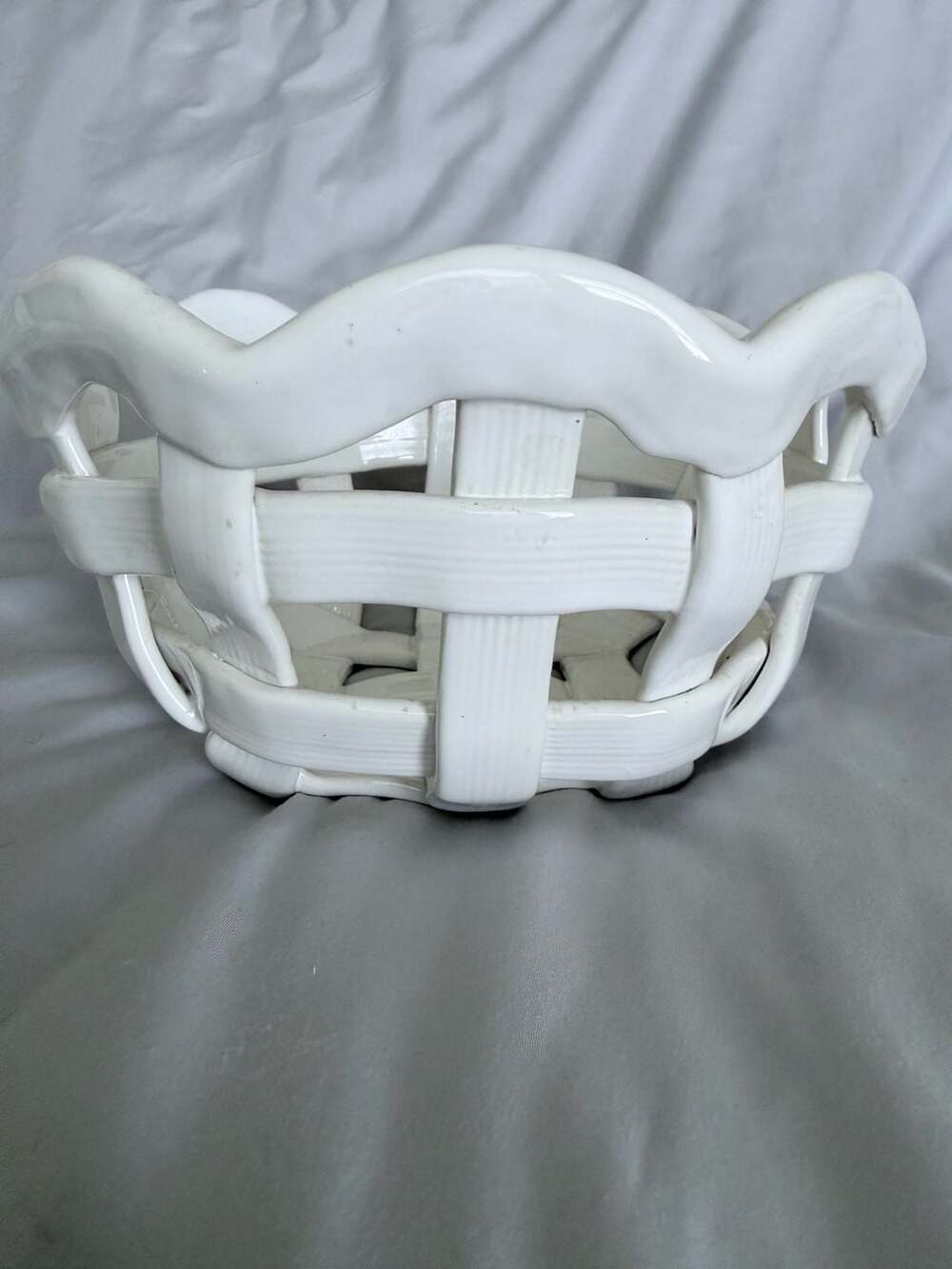 Portuguese Ceramic Woven Basket Bowl White Scalloped Rim
